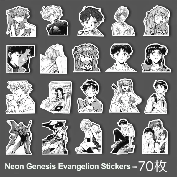 60/70pcs Neon Genesis Evangelion Black and White Sketch Stickers - Image 3